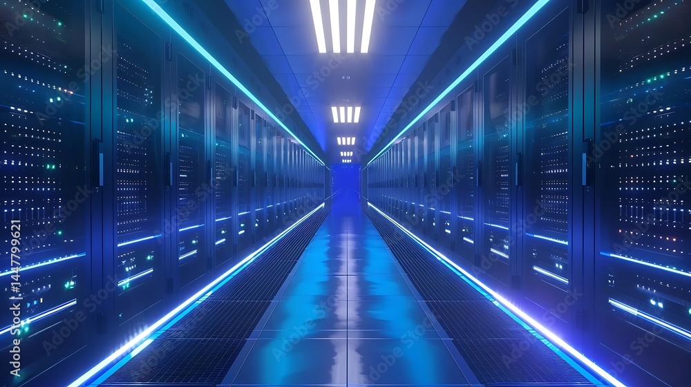 Poster perspective view down a futuristic data center corridor lined with server racks, illuminated by brig
