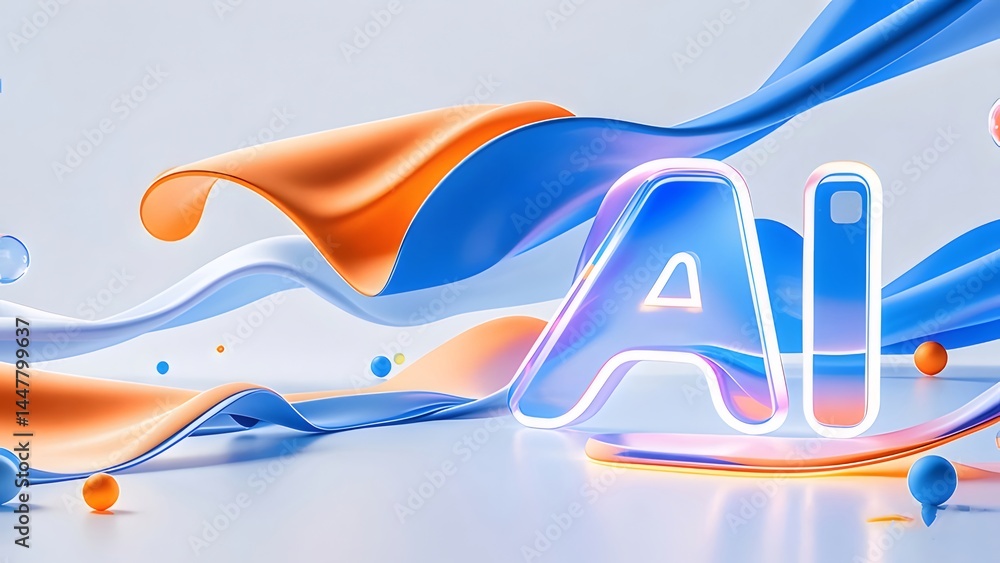 Aufkleber 輝く青とオレンジのai文字が流れるリボン状の背景に浮かび上がる未来的なデザイン