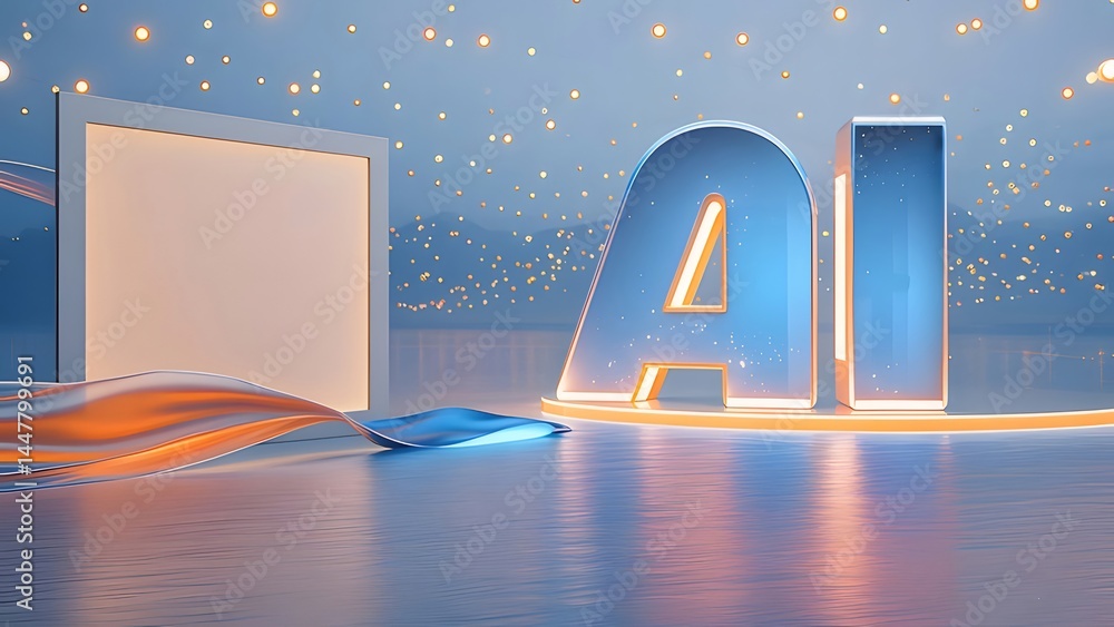 Poster 3d レンダリングされた ai テキストと水面と山々を背景としたデジタル風景