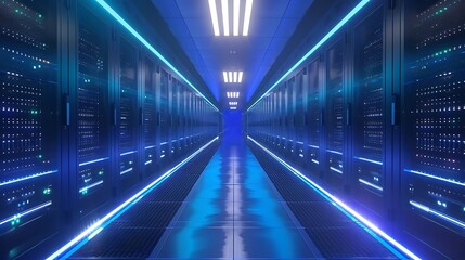 Obraz premium Perspective view down a futuristic data center corridor lined with server racks, illuminated by bright blue neon lights. IT infrastructure technology background. 