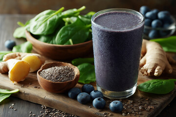 Healthy food, Low Inflammatory, Blueberry Smoothie with Ginger & Spinach A vibrant smoothie with blueberries, ginger, spinach, and flaxseeds. Refreshing and packed with antioxidants.