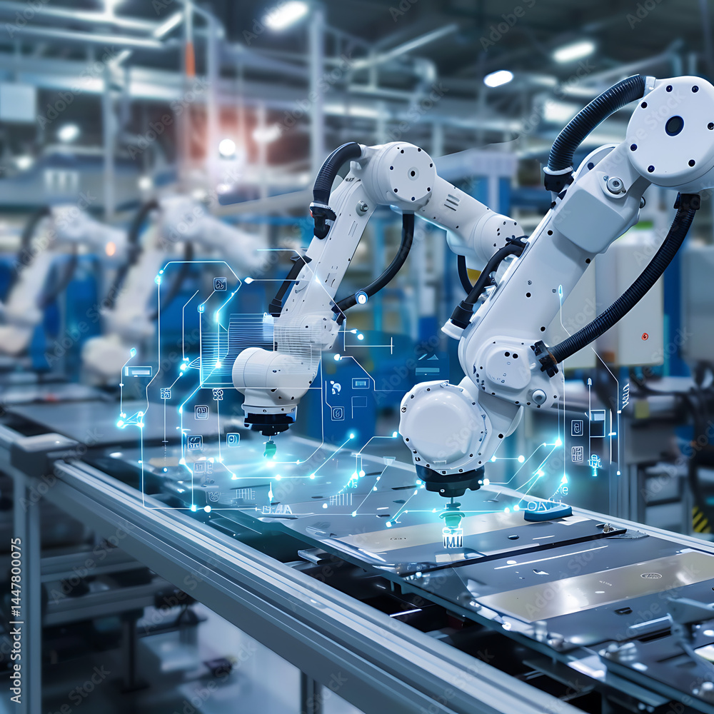 Poster robotic arms working precisely on an automated factory assembly line, overlaid with digital interfac
