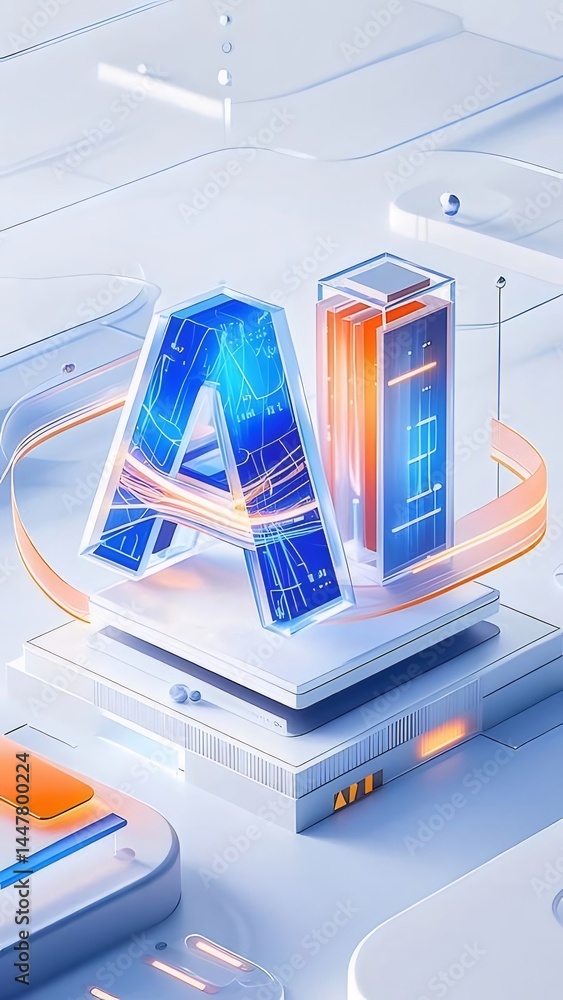 Aufkleber 青とオレンジの幾何学的な3d aiシンボルデザイン 白い背景と未来的な要素