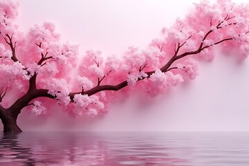 Fototapeta premium Blossoming cherry tree reflection tranquil lake nature photography serene environment close-up