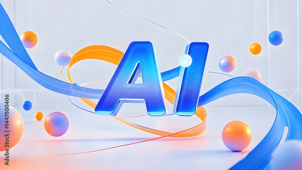 Aufkleber 青とオレンジの渦巻くリボンと球体が特徴のaiデザインの抽象的なイラスト