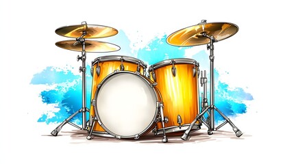 Colorful Yellow Drumset with Cymbals Against a Splash of Blue in an Artistic Illustration