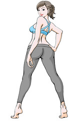 脚を大きく開いて振り返るスポーツウェアの若い女性_微笑