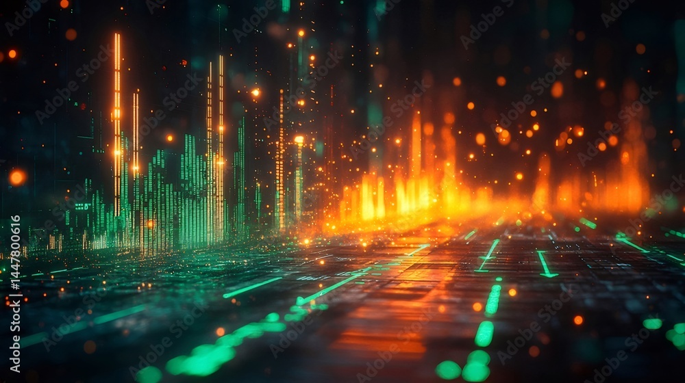 Aufkleber 緑とオレンジの光るデジタルグラデーション背景 未来的なネットワークデータフローデザイン