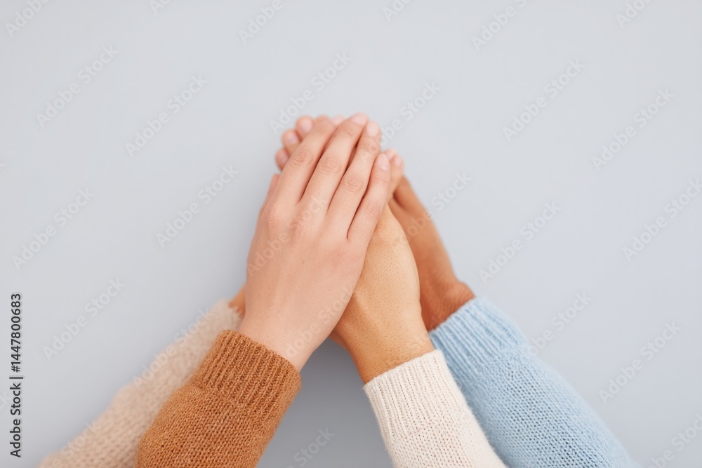 Aufkleber group of diverse hands reaching towards central point against plain white background showcasing and 