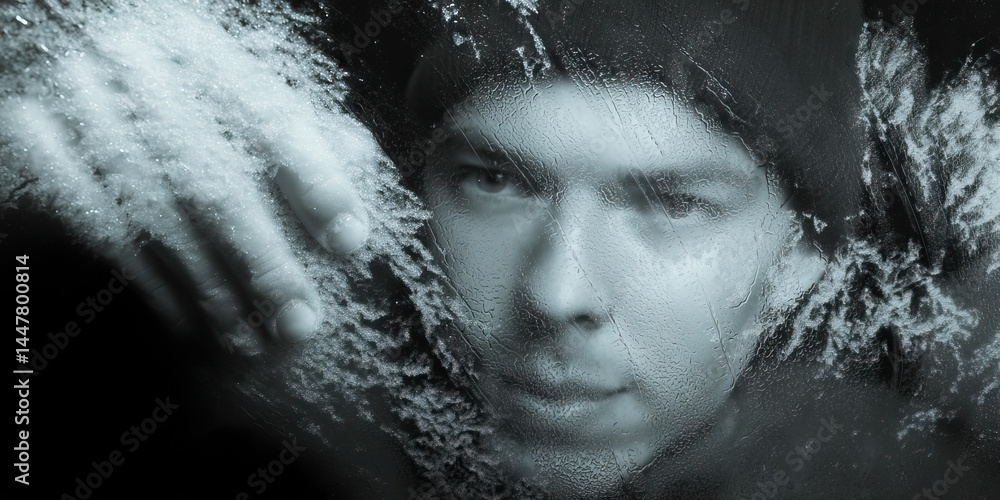Poster frosty window with partial face and hand