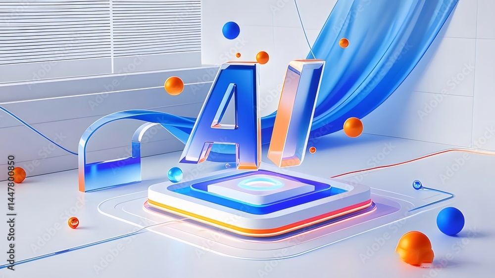 Aufkleber 3d表現のaiロゴ デザイン 抽象的な青とオレンジの幾何学模様と光沢のある背景