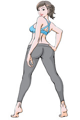 脚を大きく開いて振り返るスポーツウェアの若い女性_微笑.eps