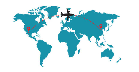 Obraz premium Aircraft route on map flat concept vector illustration. Airplane flight from one location to another creative idea for website, mobile, presentation, 