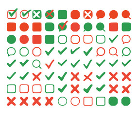 vector check and cross UI icons set with green and red flat symbols,