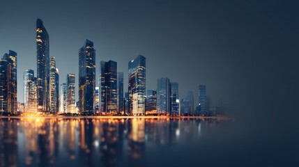 Nighttime Cityscape with Illuminated Skyscrapers Reflected in Water