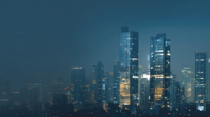 Illuminated Skyscrapers in a Foggy Urban Landscape