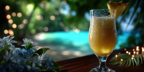 Refreshment awaits with a tropical drink on a sunny beachside paradise
