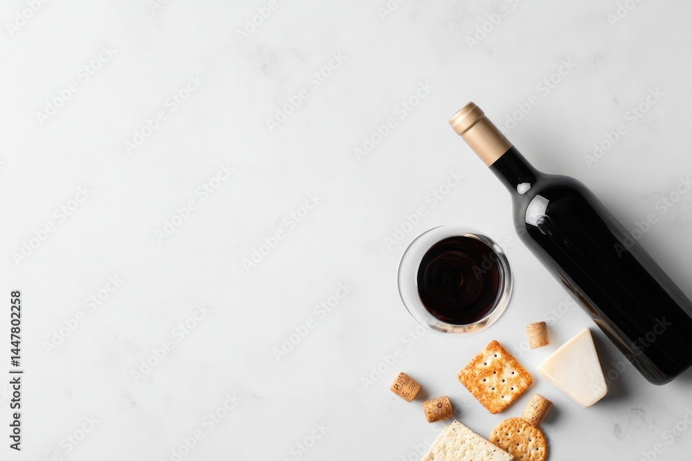 Poster minimalistic setup of wine bottle and glass with subtle elegant label surrounded by assorted gourmet