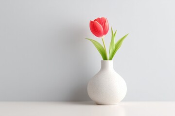 minimalist white table displays solitary vase with single red tulip providing ample copy space