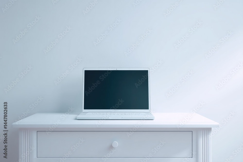 Poster minimalistic desk setup features sleek laptop with ai software running subtly hinting at innovation