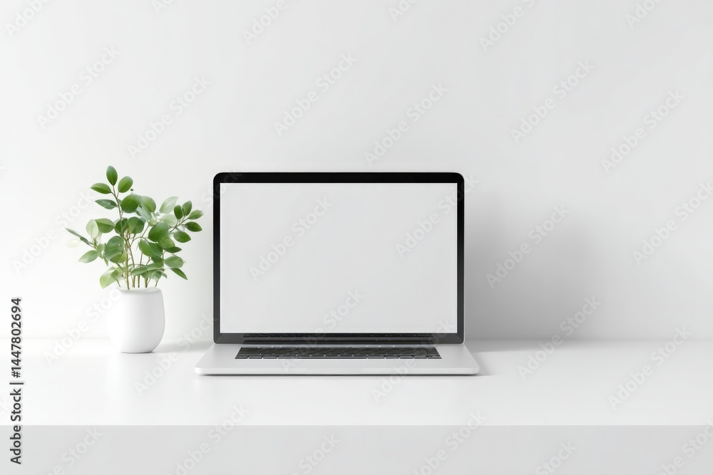 Poster minimalistic desk setup features sleek laptop with ai software running subtly hinting at innovation