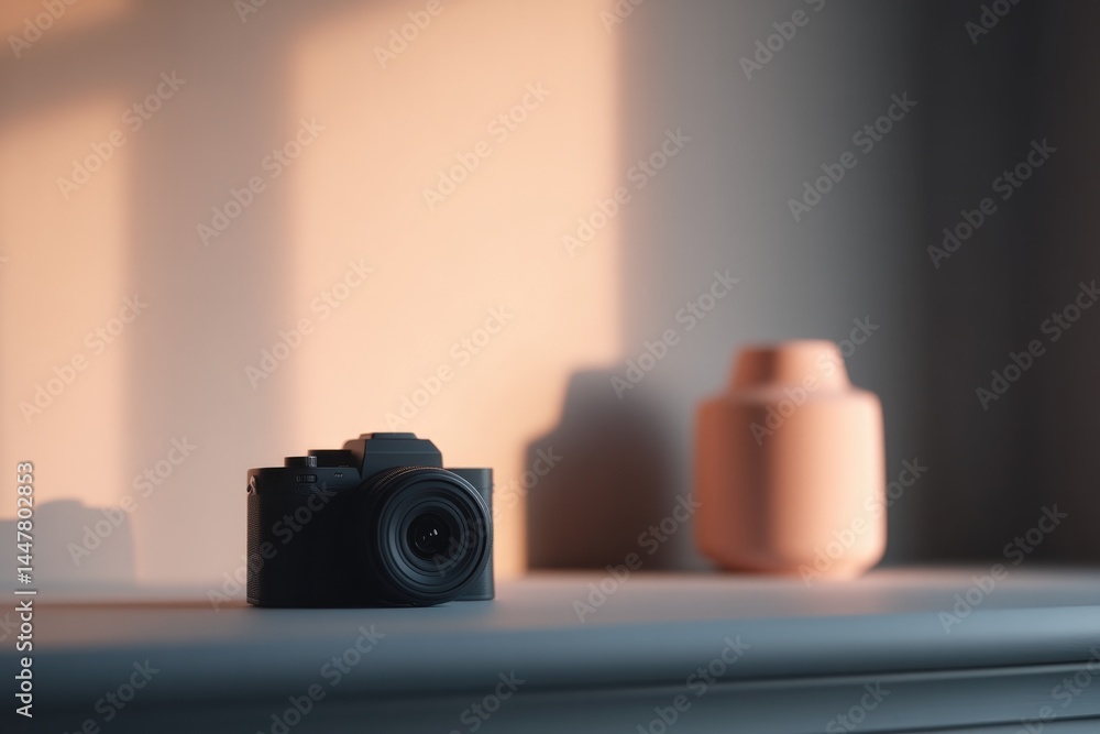 Aufkleber minimalistic workspace with essentials for content creation camera microphone laptop