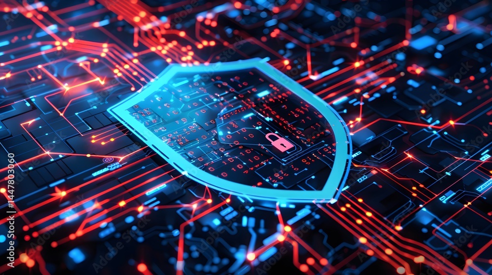 Poster cyber security concept represented by a glowing blue digital shield icon with lock symbol, overlaid 