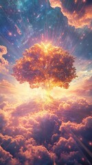 Fototapeta premium A glowing tree emerging from clouds with a radiant light source