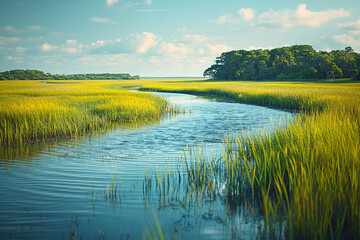 Vibrant depiction showcases unique salt marsh ecosystem with brackish waterways, thriving coastal flora, and harmonious interplay of land and sea in a visually captivating manner