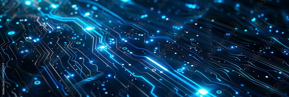 Poster close-up panoramic view of a complex electronic circuit board with glowing blue pathways, data pulse