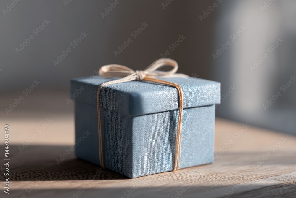 Poster neat gift box wrapped with simple ribbon lies on wooden table sunlight filtering through window cast