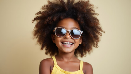 Cheerful Young Girl With Large Afro Hairstyle Wearing Sunglasses And Yellow Top Against Pastel Studio Background