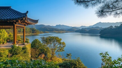 Pavilion Overlooking Lake and Mountains