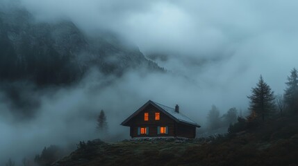 A cozy cabin stands alone in a misty landscape. It glows softly against the dark backdrop. Nature embraces this hidden retreat. Generative AI