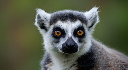 Obraz premium Ring Tailed Lemur Close Up Portrait Featuring Striking Golden Eyes with Green Background in Lush Outdoor Setting