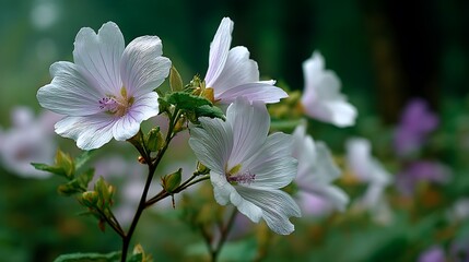 Fototapeta premium Delicate white blossoms in soft focus on leafy stems