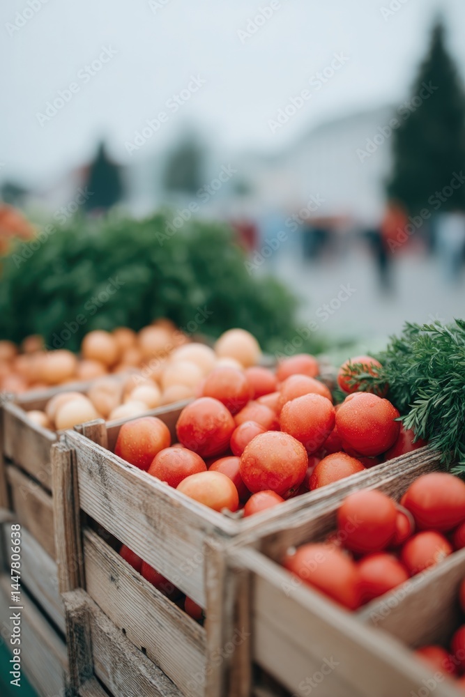 Poster rustic farmer market display with fresh produce neatly arranged in wooden crates soft natural light 