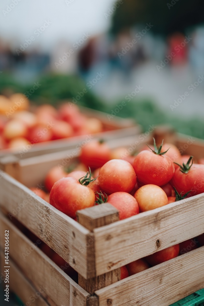 Poster rustic farmer market display with fresh produce neatly arranged in wooden crates soft natural light 