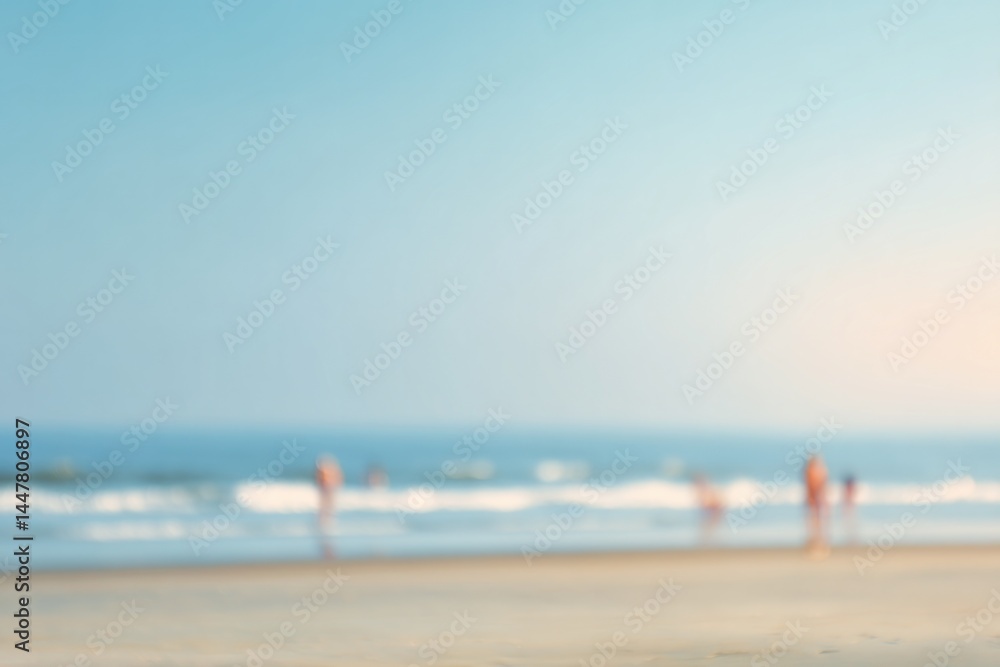 Poster serene beachfront scene with soft blurred figures enjoying ocean in background