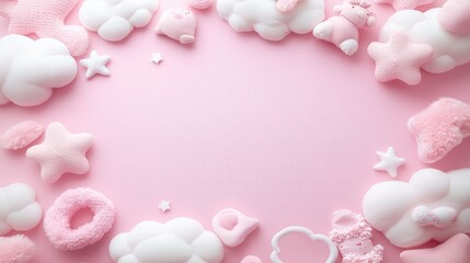 Adorable Arrangement of Soft Pink Plush Toys and Cloud Shapes on a Pastel Pink Background