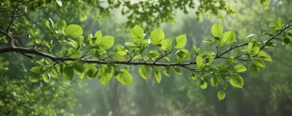 Fototapeta premium Vibrant green spring leaves unfurling on branch, leaves, vibrant