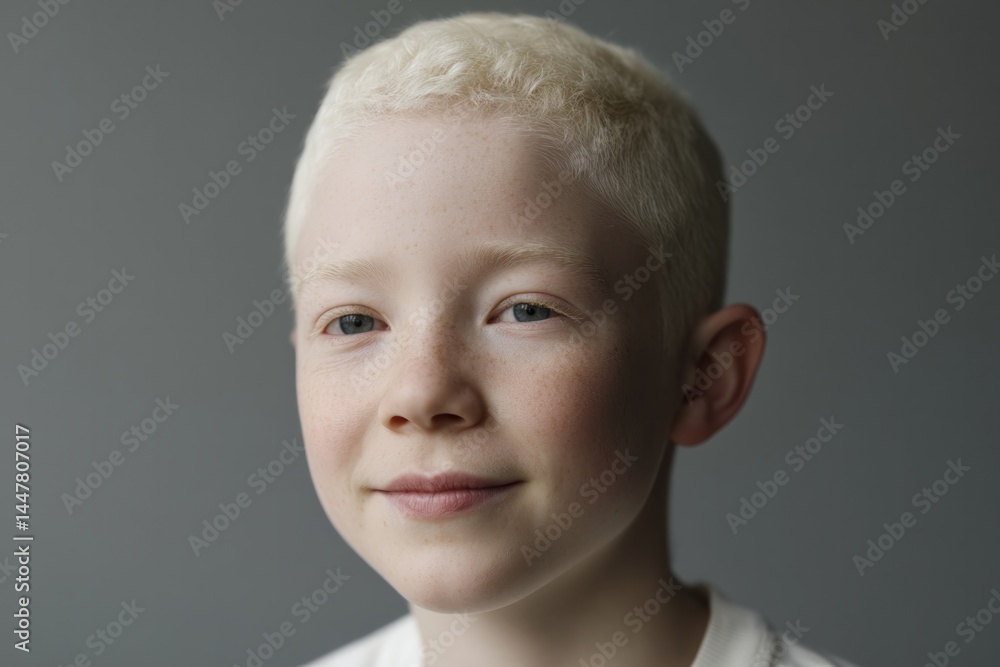Poster portrait of child with albinism conveying serenity against blurred backdrop with ample copy space