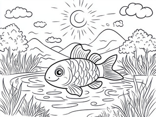 Fototapeta premium A charming line art illustration in a coloring book style featuring a cute, cartoon fish swimming in a small pond