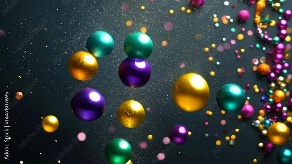 Poster vibrant spheres cascading colorfully against dark background in dynamic motion