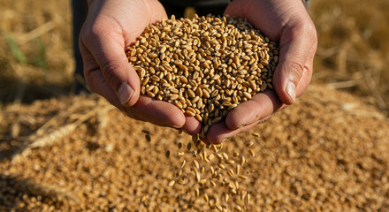 Closeup of wheat grains poured from hands in a field