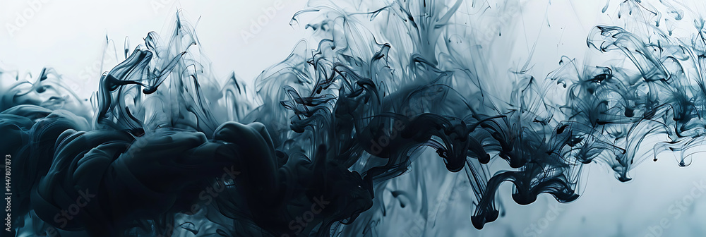 Poster abstract panoramic background of dark grey or black ink swirling and dispersing dynamically in clear