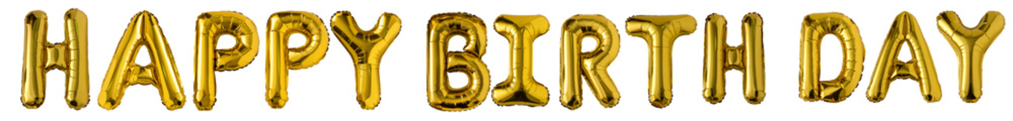 Happy Birthday Gold Foil Balloon Letters word text isolated on white background. Golden party decor