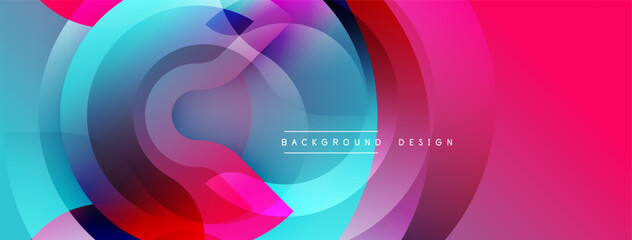 Abstract colorful layers create dynamic circular composition. Gradient shades blend, forming modern background design. Vivid hues dominate.