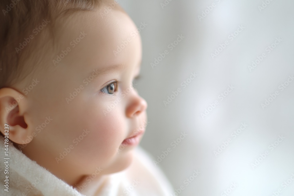 Poster serene infant gazes thoughtfully in minimalistic portrait with blurred background creating sense of 