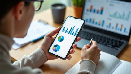 Woman hold smartphone use pc at workplace. Project stats financial data sales charts on laptop and cellphone screen, close up view over shoulder. Report preparation, synchronization for safety concept